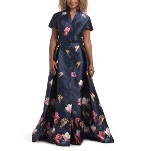 RENE BY RENE RUIZ Navy Multi Cap Sleeve Floral Mikado Gown With Belt